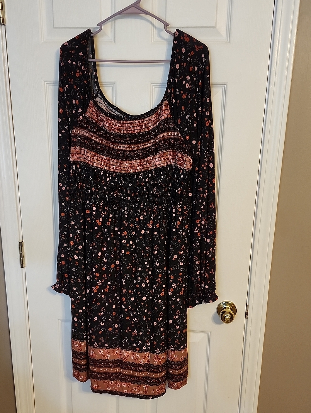 Boho Black Floral Smocked Bodice Long Sleeve Dress